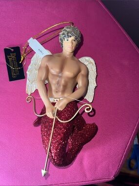 December Diamond Red Glitter Winged Cupid Ornament